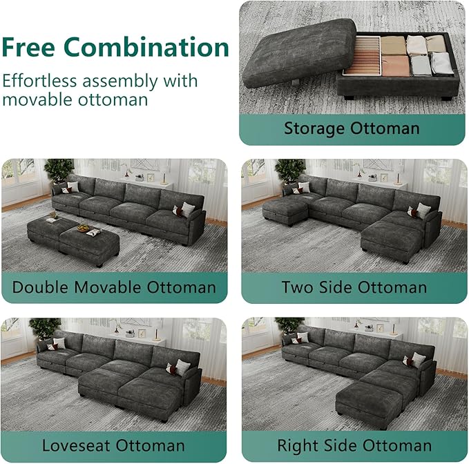 Modular Sectional U Shaped Sofa Couches for Living Room, Cloud Couch with Storage Ottoman, Comfy Chenille Sofa with Pillow, Dark Gray