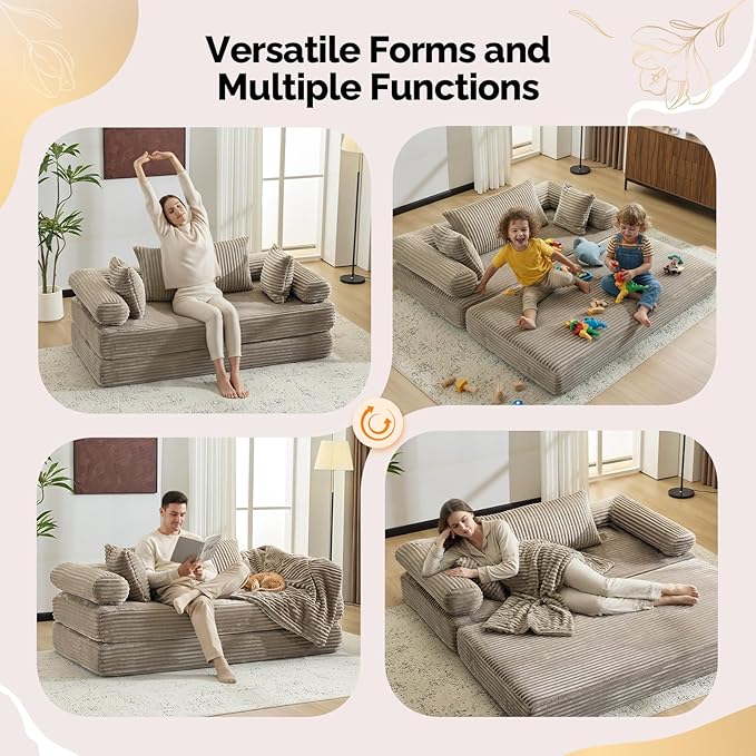 VINGLI Convertible Futon Sofa Bed, Upholstered Corduroy Boneless Couch King Size Floor Loveseat Sleeper Sofa with 2-in-1 Throw Pillow, Couches for Living Room, Bedroom, Lounge, Gray