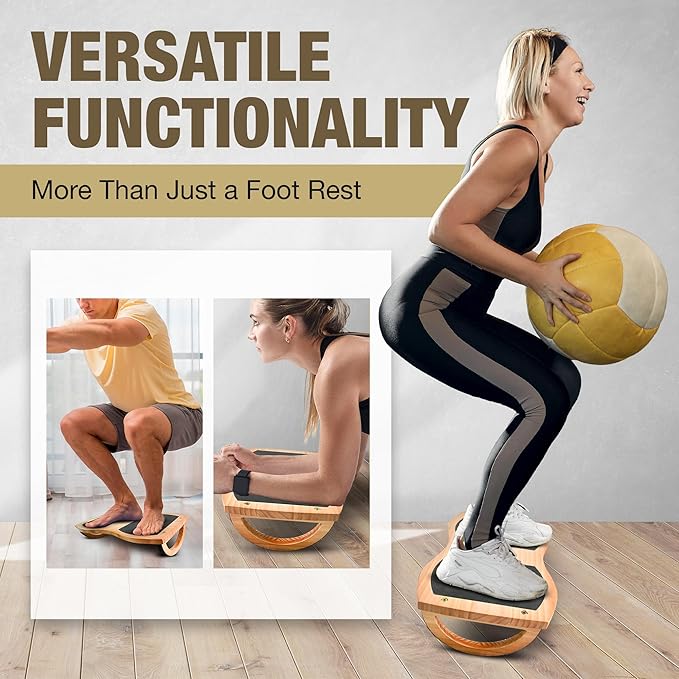 Under Desk Foot Rest - Ergonomic Balance Foot Rest for Under Desk at Work, Office, Home, Yoga - Heavy Duty Pine Wood Material, Non-Slip Rubber Mats - Promotes Better Posture - Easy Assembly