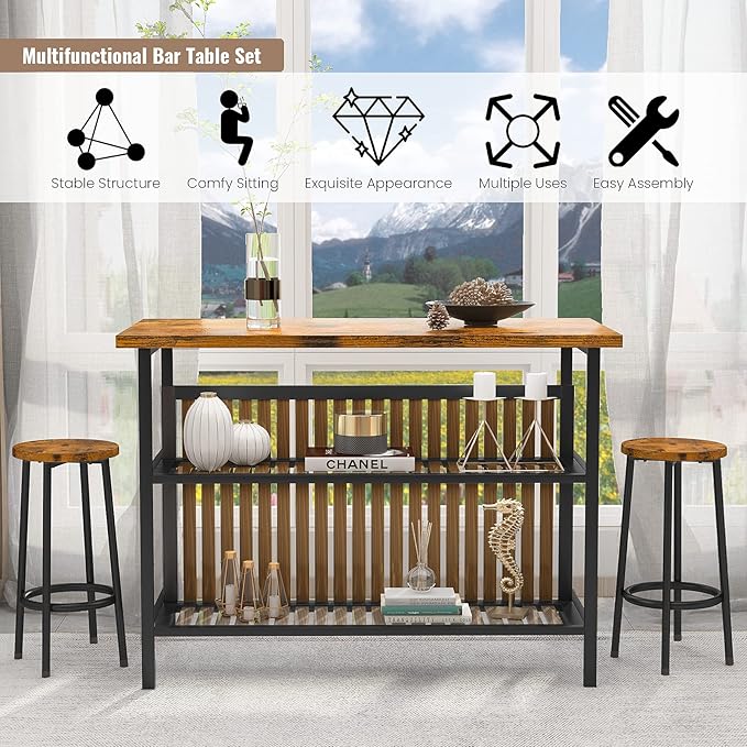 Lamerge 3 Piece Bar Table and Chairs Set, Industrial Bar Table Set for 2 Kitchen Island with Seating,Counter Height Table with Storage Shelves,Dining Room Table Set for Kitchen,Walnut