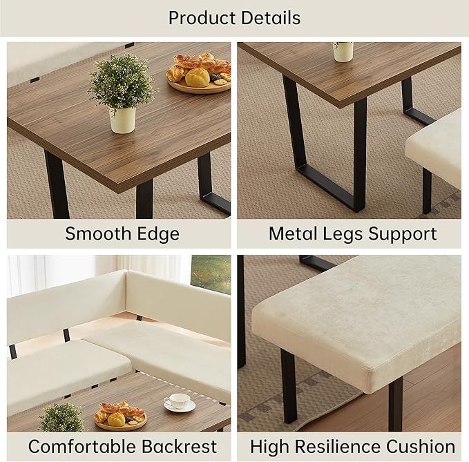 3-Piece Corner Dining Table Set with Bench, 67 Inch Space-Saving Breakfast Nook for Kitchen & Dining Room (Walnut Table & Beige Bench)