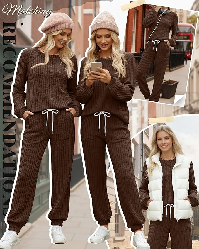 Sweetyweee Women's Ribbed Knit Lounge Sets 2 Piece Outfits Long Sleeve Pajamas Set Loungewear Sweatsuits Fall Pjs with Pocket