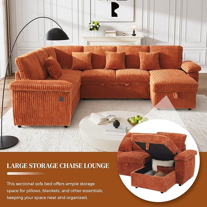 Modular Sectional Sleeper Sofa with Pull Out Bed, Storage Chaise & USB Charging, U Shaped Plush Corduroy Orange Sectional Couches for Living Room, Comfy Convertible 7 Seat Cloud Sofa Bed Orange