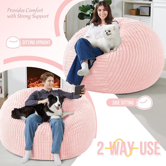 Homguava 6 FT Bean Bag Chair,6' Big Bean Bag,Giant Bean Bag Chairs for Adults with Memory Foam Filled,Comfy Large Beanbag Chairs Soft Bean Bag Sofa with Dutch Corded Plush Cover-Soft Pink