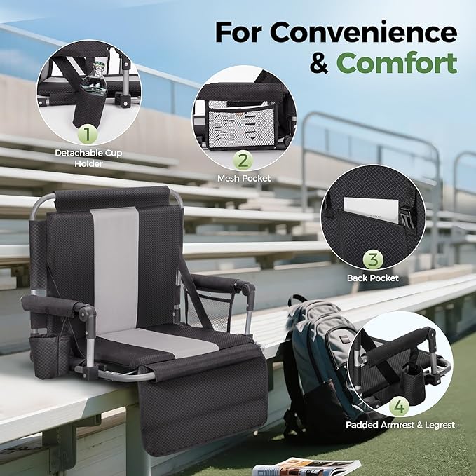 GREEN PARTY Stadium Seat for Bleachers Portable Outdoor Floor Folding Stadium Chair with Armrest, Back Support, Cup Holder, Mesh Bag and Hide Hooks
