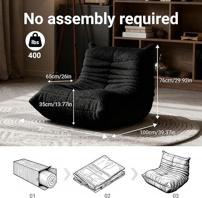 Large Bean Bag Chairs for Adults, Fireside Chair for Living Room with Memory Foam Filled, Accent Sofa Lounge Lazy Floor Sofa for Gaming Reading Relaxing Bedroom, No Assembly Required Black