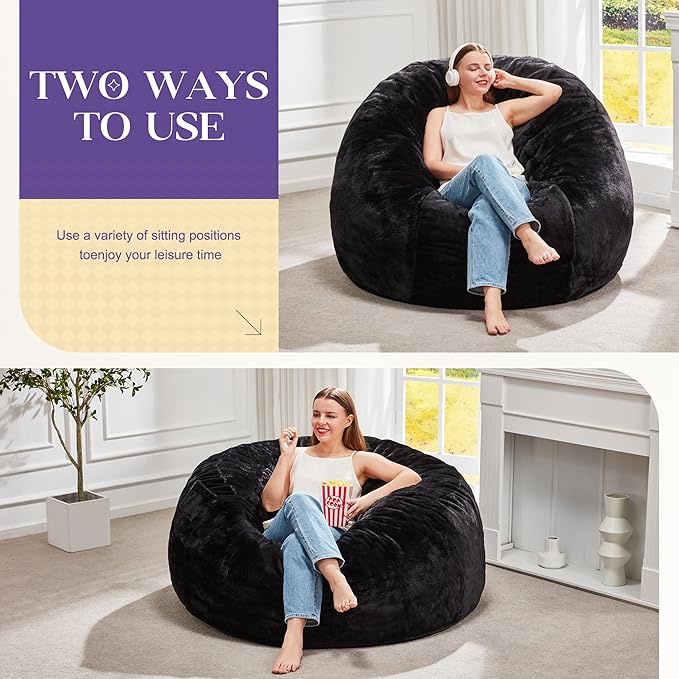 Hobestluk Bean Bag Chairs Giant Beanbag Chair with Filler, Memory Foam Bean Bags with Fluffy & Machine Washable Cover, Bean Bag Chairs for Aduts for Living Room, Bedroom (BLACK, 3FT - 36” x 36” x 22”)