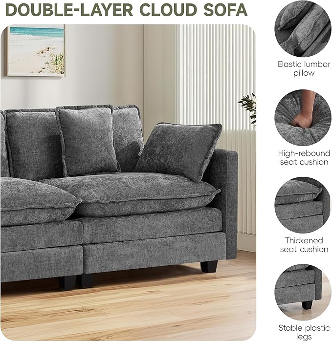 UMBFUN 3-Seater Cloud Couch, Oversized Modular Sectional Sofa with Deep Seat Soft Cushions, Comfy Chenille Couch for Living Room, Apartment & Family Space, Grey