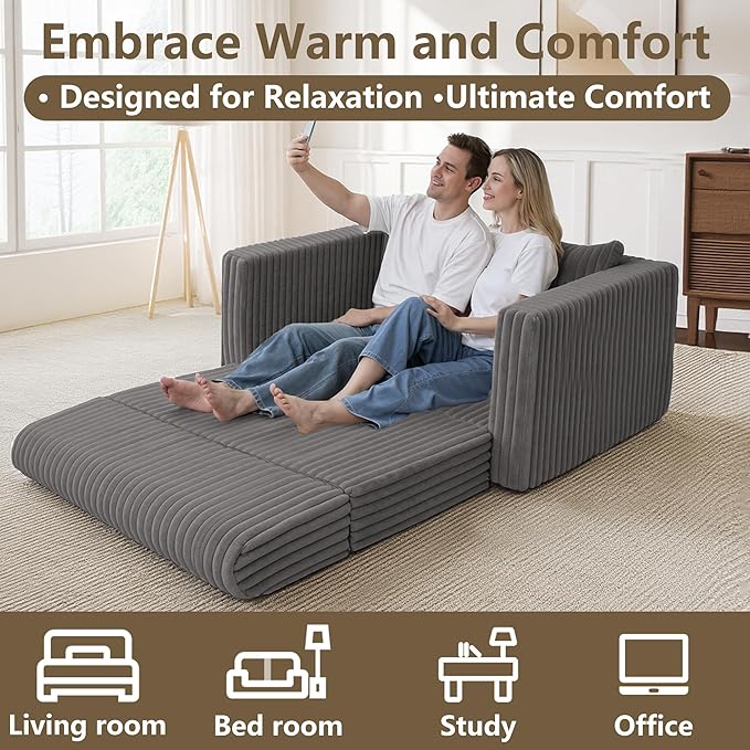 HABUTWAY Folding Sofa Bed, 2 in 1 Convertible Sleeper Chair with Pillow, Portable Fold Out Chair Bed with Armrest, Comfy Floor Couch, Lazy Sofa for Living Room Bedroom Dorm Home Office, Grey