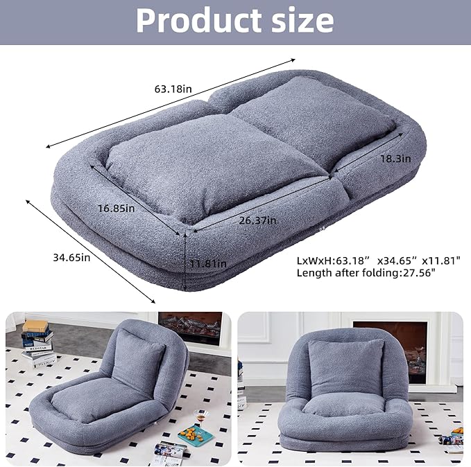 Elevate Your Leisure Time with Grey Folding Sofa Chair - 5 Adjustable Positions for Gaming, Meditation & More!