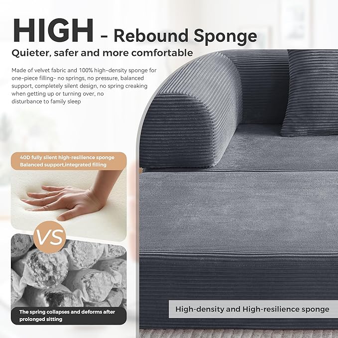 ZQRhome 2026 Upgrade Convertible Sofa Bed, 79 Inch Boneless Couch with Fixed-Shape Frame, Corduroy Fabric with High Backrest, Floor Sofa Modular Futon Couch for Living Room Bedroom Lounge (Dark Grey) | High Backrest, No Assembly, Convertible Sofa, Spac...