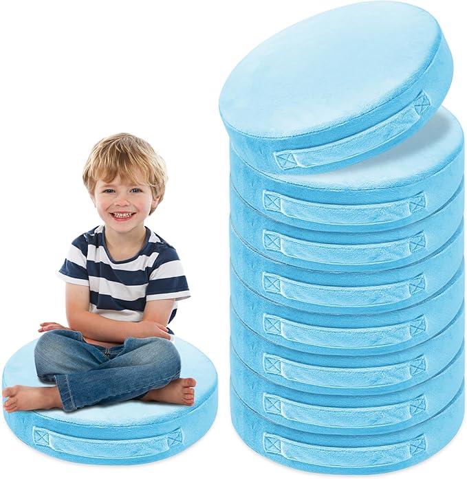16 Pcs Round Floor Cushions for Kids, 15'' Plush Flexible Seating Pillows with Handles, Soft Chair Seats for Classroom Elementary Daycare Preschool Playroom Reading Corner Light Blue