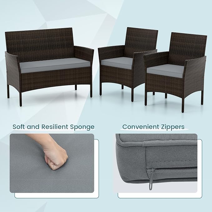 HAPPYGRILL 8 Pieces Outdoor Rattan Conversation Set, Patio Wicker Furniture Set with Loveseat Chairs & Tempered Glass Coffee Table, Outside Sectional Sofa Set for Backyard Garden Poolside