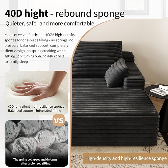 80” Oversized Double Lounge Chaise,Cloud Plush Sofa Bed,Upholstered Boneless Cloud Sofa Deep Seat,No Assembly Required,Modern Corduroy Sleeper Loveseat Chair for Living Room Bedroom Reading,Black