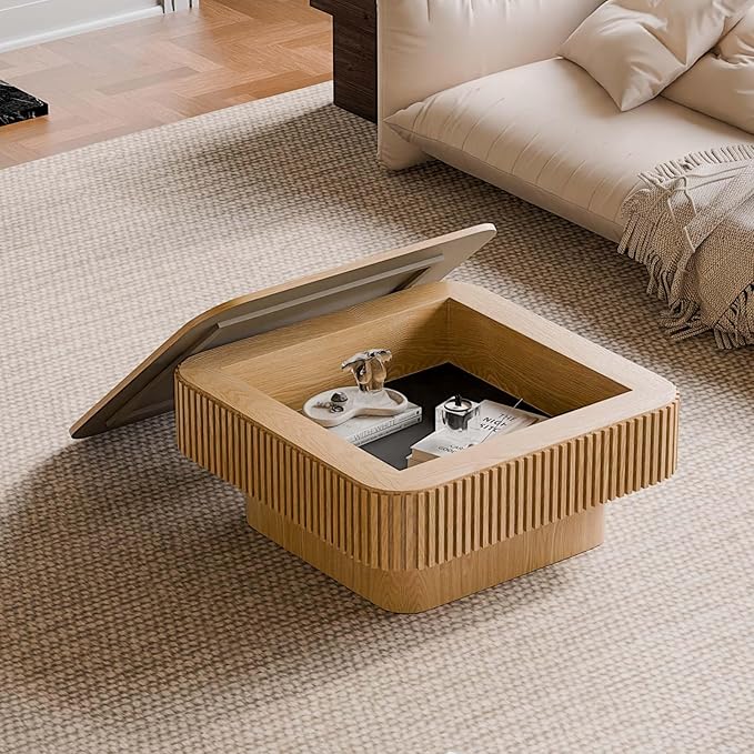 FGXJY Square Small Coffee Table with Storage, Modern Wooden Coffee Table with Solid Wood Veneered, Fluted Center Table Drum Tea Table for Living Room Apartment, 31.5''L×31.5''W×14''H