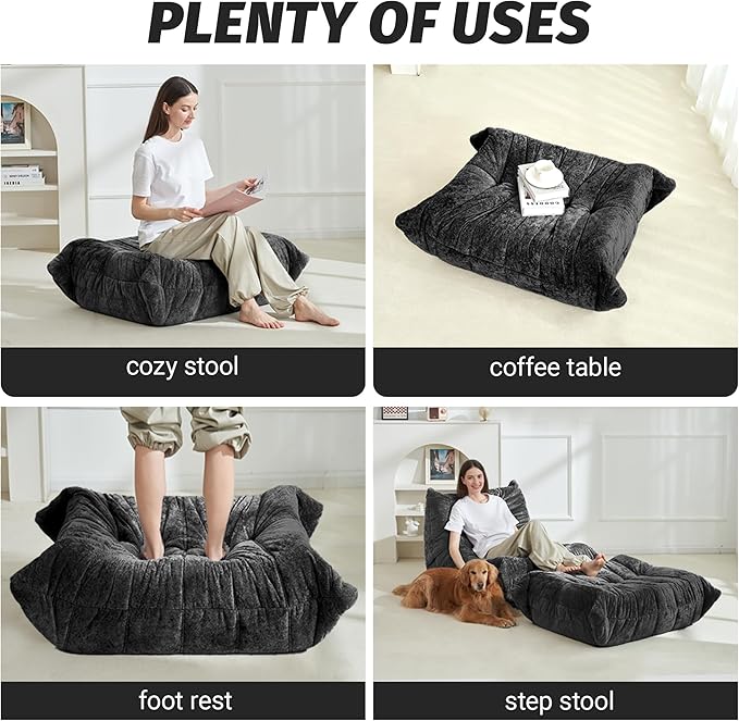 Homguava Giant Bean Bag Chairs for Adults, Memory Foam BeanBag Fireside Chair Bean Bag, Lazy Floor Sofa with High-Rebound Foam, Sofa Couch for Living Room Bedroom Dorm Office (Grey, Footrest)