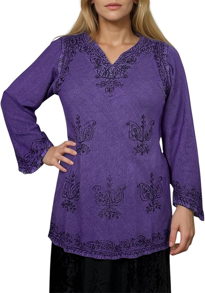 Agan Traders 2025 Winter Long Sleeve Diamond Neck Embroidered Tops - Medieval Boho Vintage Tunic Kurta Blouses for Women