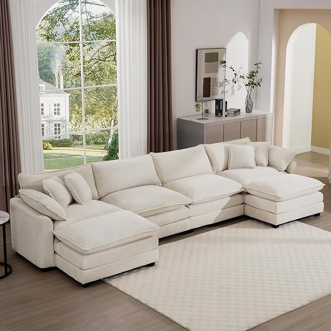 Aoowow Corduroy 4 Seater Couch with Ottomans,Modern Large Cloud Couches for Living Room,U Shaped Modular Sectional Cloud Sofas Deep Seat,U Shape Oversized Tufted Sofa Set (Beige, 4 Seater + 2 Ottoman)