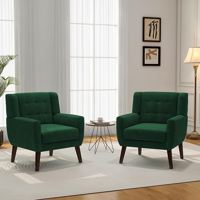Accent Chair, Modern Velvet Arm Chair for Living Room, Bedroom, Comfy High-Resilient Sponge Reading Chair for Small Spaces （Velvet Retro Green, Set of 2