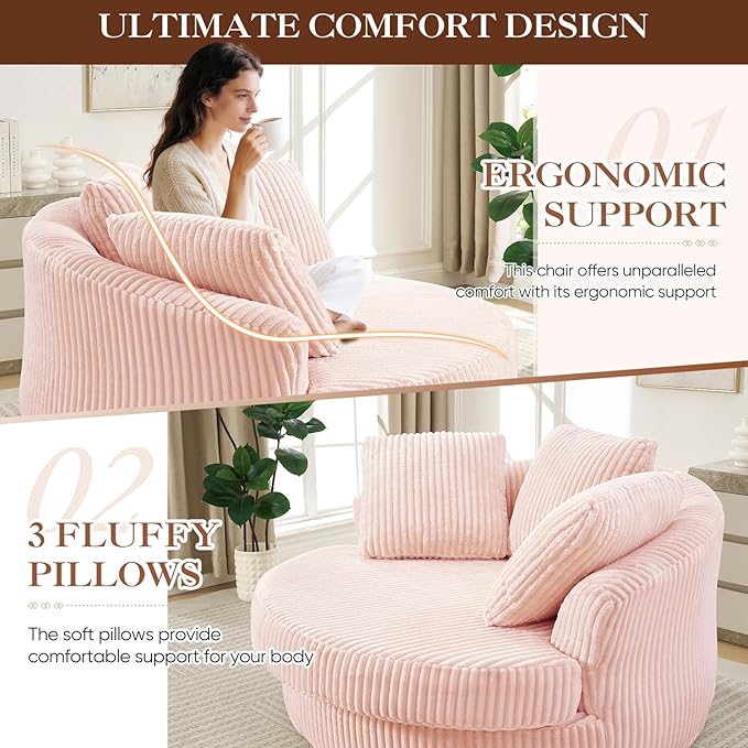 61"W Oversized Round Chaise Lounge Chair Indoor, Upholstered Corduroy Large Circle Boneless Chair with Deep Seat, No Assembly Required, Modern Comfy Cloud Sofa Chairs for Living Room, Bedroom(PInk)