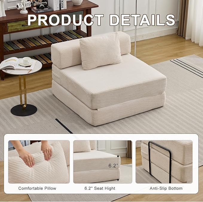 Folding Sofa Bed, Convertible Sleeper Chair with Pillow, Single Sofa with Back Support, Portable Fold Out Chair Cloud Couch Bed, Comfy Floor Sofa Lounge for Living Room Bedroom, White