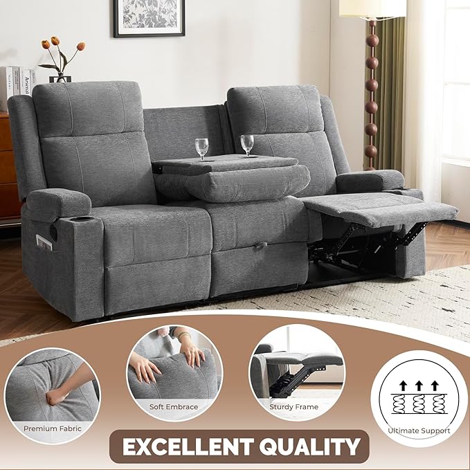 PALLOME 2 Piece Living Room Sofá Set, Modern Chenille Reclining Sofa Set with Convertible Center Console & Storage Ottoman, Space-Saving Couch for Home/Bedroom/Apartment (Grey)