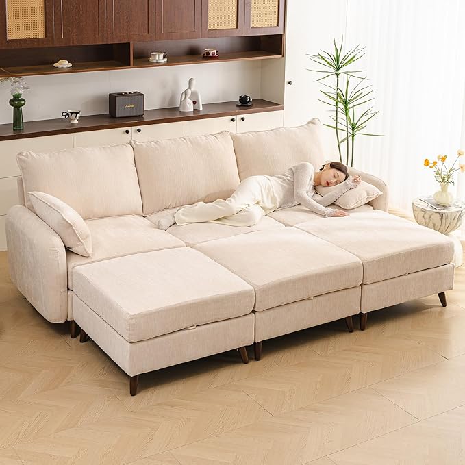 Rexulqo 104'' Modular Sectional Sofa with All Seats Storage, Oversized Sleeper Sofa Bed,Comfy Cloud Couches with Movable Ottoman,24.5'' Deep Seat,Large Sectional for Living Room,Bedroom,Velet,Cream