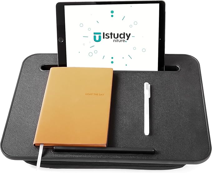 Lap Desk – Laptop Lap Desk with Cushion for Bed, Couch or Floor, Fits up to 17" Laptop, Built-in Slot, Non-Slip PVC Leather Top, Portable & Lightweight – Home Office, Istudyniture (Small,Black)