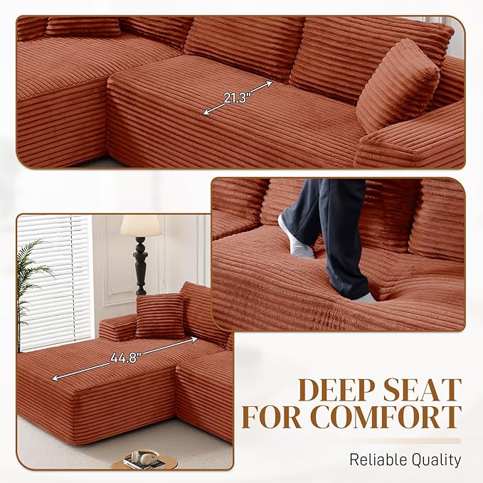 95" Boneless Cloud Sectional Couches for Living Room, Comfy Fluffy L Shaped Memory Foam Deep Seat Boneless Couch, Modular Sectional Sofa with Left Facing Chaise, Orange