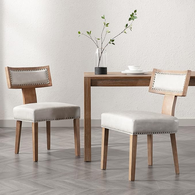 RIVOVA Mid Century Modern Dining Chairs Set of 2 PU Leather Upholstered Kitchen Side Chairs with Nailhead Trim, Modern Kitchen Armless Solid Wood Dining Chairs, Grey