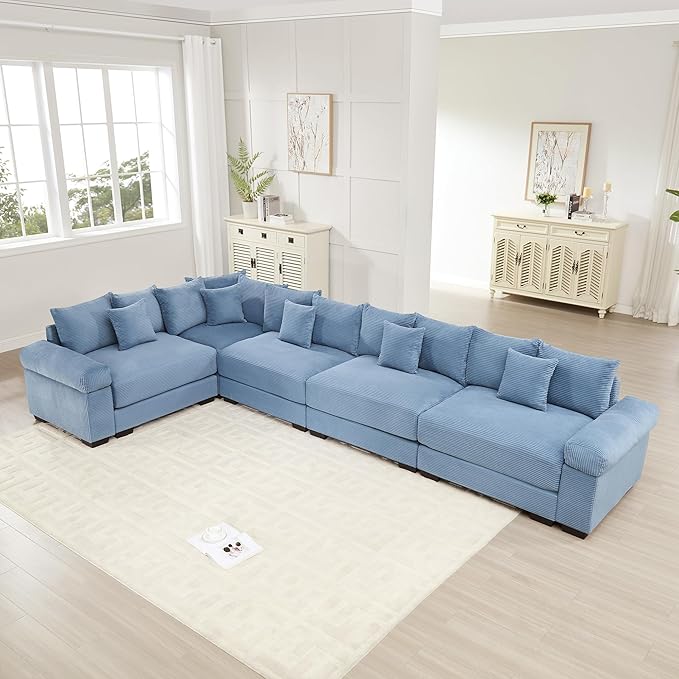 KEIKI 146" L-Shaped Oversized Corduroy Modular Cloud Sectional Sofa with High-Density Foam Cushion, Extra-Thick Armrest, Convertible 5-Seater Fluffy Corner Couch with 18 Pillow, for Living Room, Blue