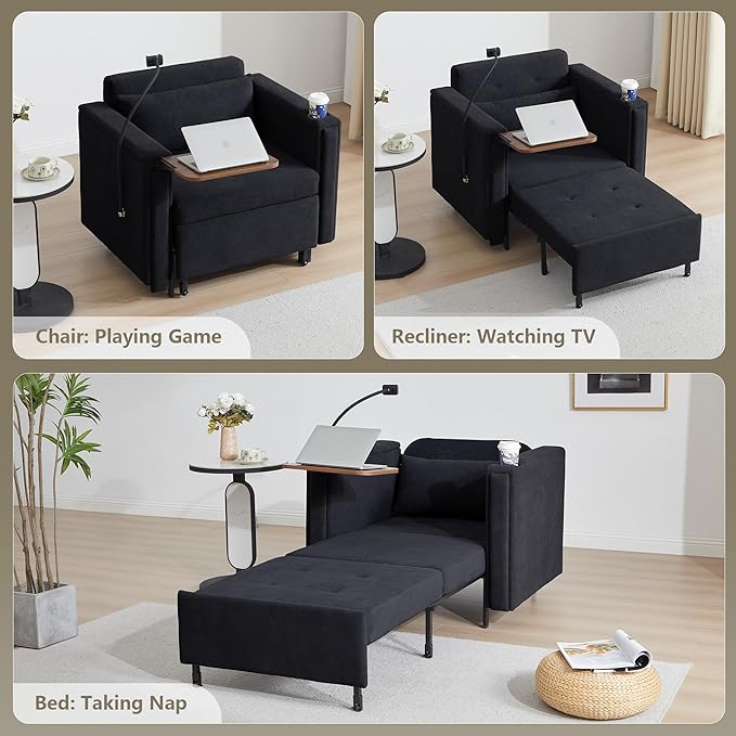ORRD Pull Out Sofa Chair Bed, 2-in-1 Multi-Functional Sleeper Couch Small Loveseat Bed with Hidden Side Table, Phone Holder and Cup Holder for Living Room, Small Space, Apartment (Black)