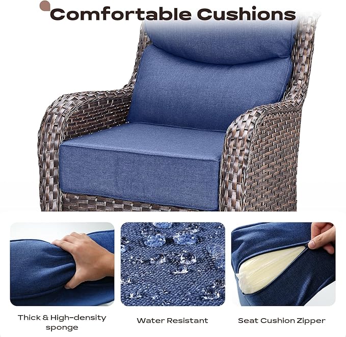 Rilyson Outdoor Swivel Rocker Chairs - All Weather Resistant Wicker Patio Furniture Set of 2 with High Back and 6 inch Thick Cushions for Deck Porch Yard and Poolside, Brown/Blue