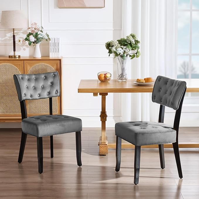 UVV Upholstered Dining Chairs Set of 2, Mid Century Modern Tufted Kitchen Chairs Dining Room Chairs, Velvet Dinner Chair with Wood Legs for Dining Room Kitchen, Dark Grey-Black Legs