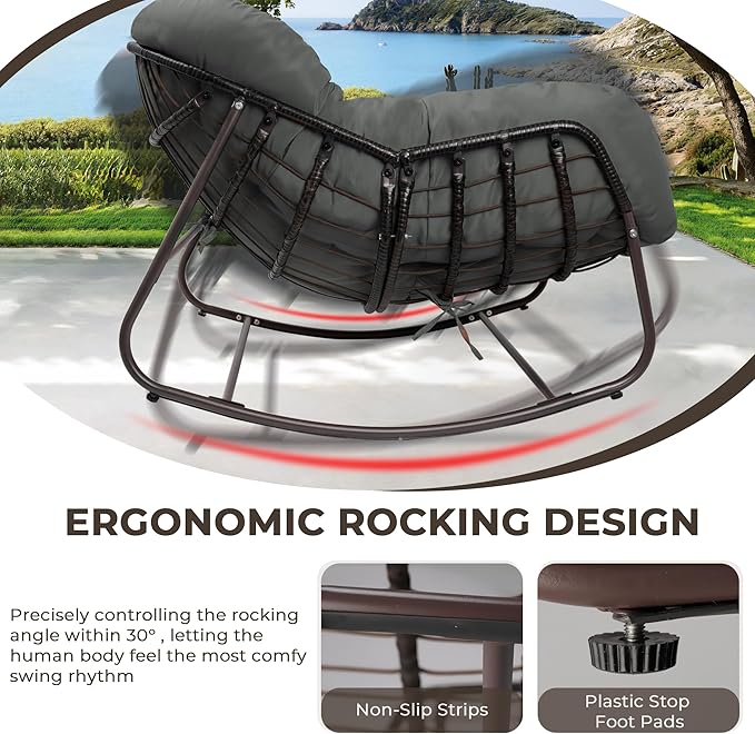 Sgentle Papasan Rocking Chair Outdoor, Oversized Patio Rocking Chair with Cushions & Steel Frame, Wicker Egg Lounge Chair Indoor, Comfy Reading Chair for Patio, Deck, Porch (Grey, Style 1)
