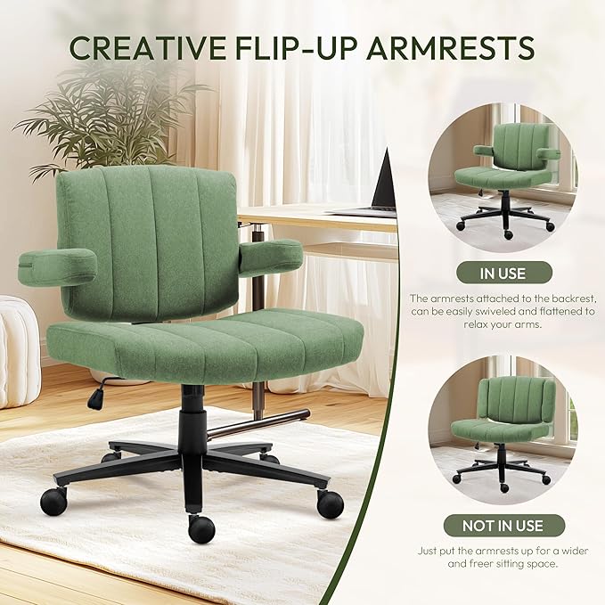 Vigosit Green Criss Cross Office Chair with Wheels, Ergonomic Wide Seat Vanity & Dressing Table Chair, Adjustable Arms Swivel Rolling Desk Chair for Women, Comfortable Cross-Legged Support