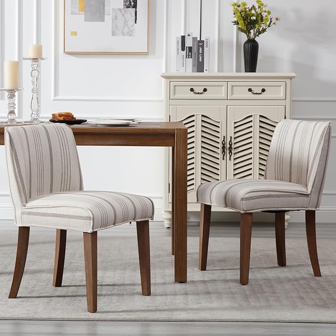 chairus Farmhouse Dining Chairs Set of 2, Upholstered Comfy Dining Room Chairs Linen Fabric Walnut Brown Wood Kitchen Chairs for Dining Table, Living Room, Kitchen, Khaki Stripe