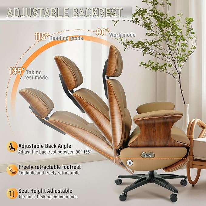 Genuine Leather Office Chair with Electric Reclining, Footrest, Lifting and Massage Function, 350lbs Capacity Ergonomic Executive Chair with Alu Base and 360° Wheels for Home Living Room