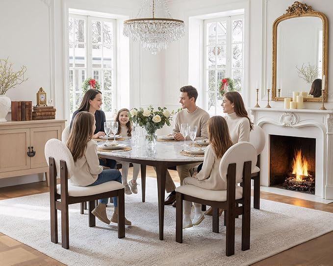 Modern Wood Dining Chairs Set of 4, Farmhouse White Boucle Kitchen Chairs with Round Back and Wooden Walnut Legs, Mid-Century Armless Upholstered Accent Chairs for Dining Room/Living Room/Restaurant