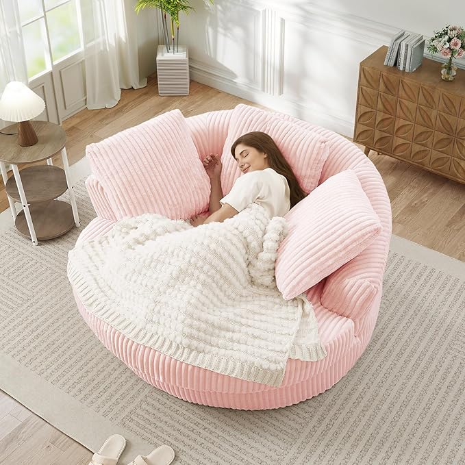 61"W Oversized Round Chaise Lounge Chair Indoor, Upholstered Corduroy Large Circle Boneless Chair with Deep Seat, No Assembly Required, Modern Comfy Cloud Sofa Chairs for Living Room, Bedroom(PInk)