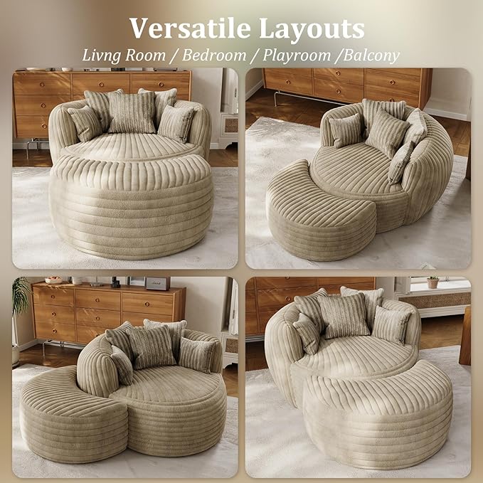 50" W Oversized Round Chaise Lounge Chair with Ottoman Indoor Boneless Plush Fluffy Corduroy Circle Couch Soft Comfy Cozy Cloud Reading Chair for Living Room, Playroom, Bedroom - Camel