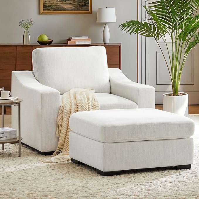 ELUCHANG 47" Oversized Single Sofa with Ottoman, Upholstered Chaise Lounge Comfy Sleeper Chair with Soild Wood Frame, Deep Seat Sofa Couch for Living Room Bedroom Apartment, Linen, White