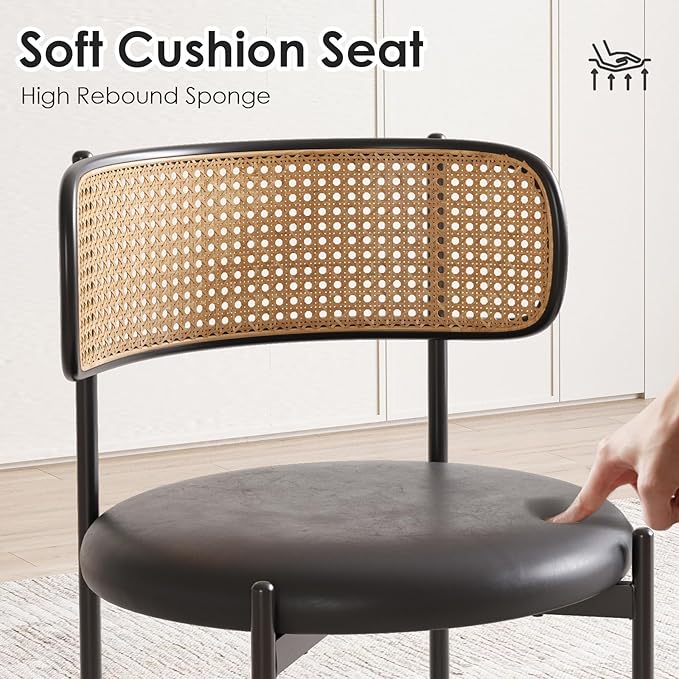 Farini Dining Chairs Set of 2, PU Leather Upholstered Seat with Woven Rattan Back, Sturdy Metal Legs Modern Side Chairs for Kitchen Living Room Restaurant, Black
