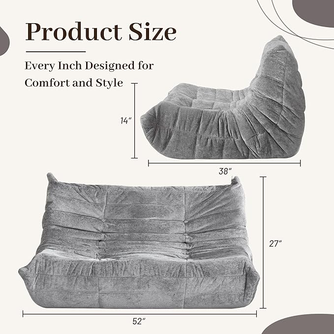 HABUTWAY Bean Bag Chair, Giant Bean Bag Chairs for Adults, Loveseat Fireside Chair, 2 Seater Lazy Bean Bag Sofa Memory Foam Couch for Living Room, Bedroom, Office (Light Grey)