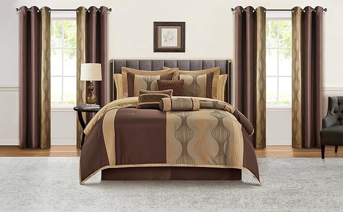 Grand Avenue Elegant Brown Comforter Set King Size, Striped,15 Piece Room-in-A-Bag, Jacquard Bedding Set, All Season, Matching Decorative Pillows, Pillow Sham, Curtains
