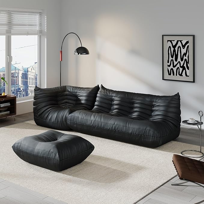 Comfy Lazy Floor Sofa Couch,Soft Armless Chair,Corner Faux Leather Lounge Chair,Corner Relax Sofa Couch for Living Room Bedroom,Salon Office,Adults(Corner+3P+Ottoman)