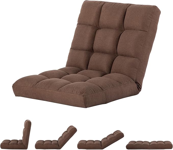 Folding Floor Chair with Back Support, Adjust Lay Flat Recliner Oversized Lounge Wide Lazy Boy Gaming Ergonomic Single Sofa Seat for Living Room Bedroom(Brown)