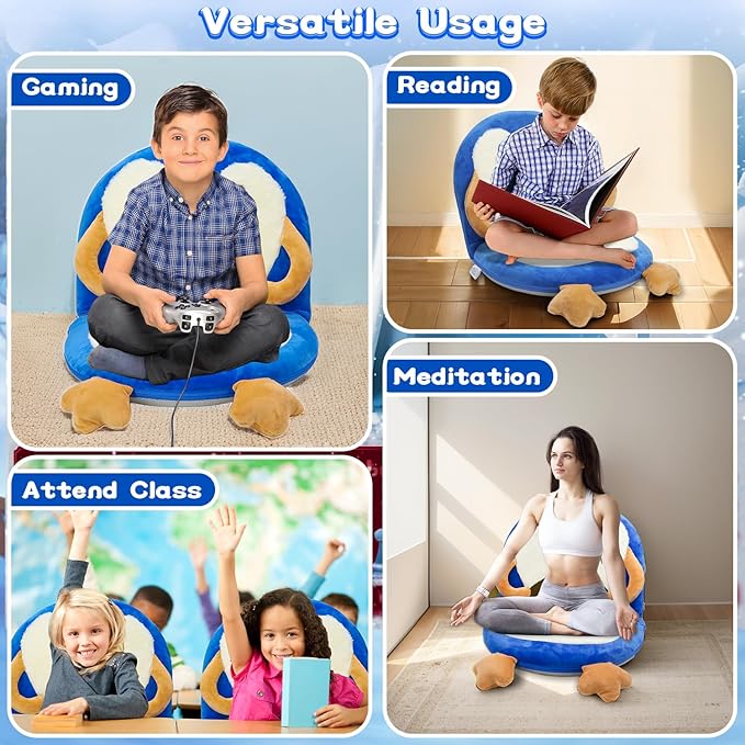 Floor Chair for Kids, Penguin Floor Seating with Back Support 5 Adjustable Position Ideal for Reading Gaming Meditating Yoga, Kids Chair for Daycare Preschool Classroom (Blue)