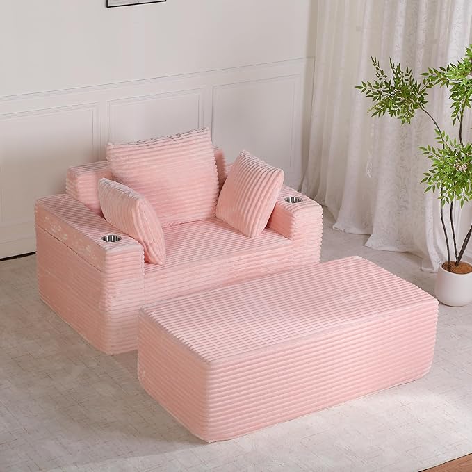 54"W Oversized Chaise Lounge Chair Indoor, Boneless Chaise Lounge Couch, Convertible Comfy Reading Chairs, Compression Sofa with Ottoman, Corduroy Sleeper Couch Chair for Living Room, Pink