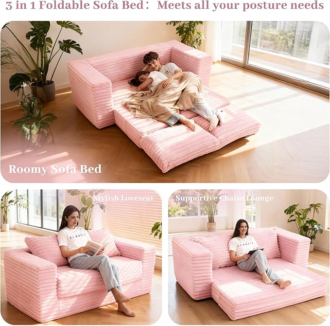 HABUTWAY Convertible Folding Sofa Bed Couch,3 in 1 Pull Out Couch Bed,Loveseat Sleeper Sofa Bed,Boneless Couches with Pillows for Living Room Bedroom, Light Pink